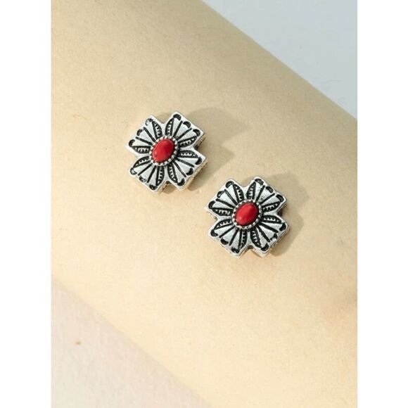 SILVER RED CORAL WESTERN SANTA FE STYLE CROSS STUD EARRINGS - Picture 2 of 5